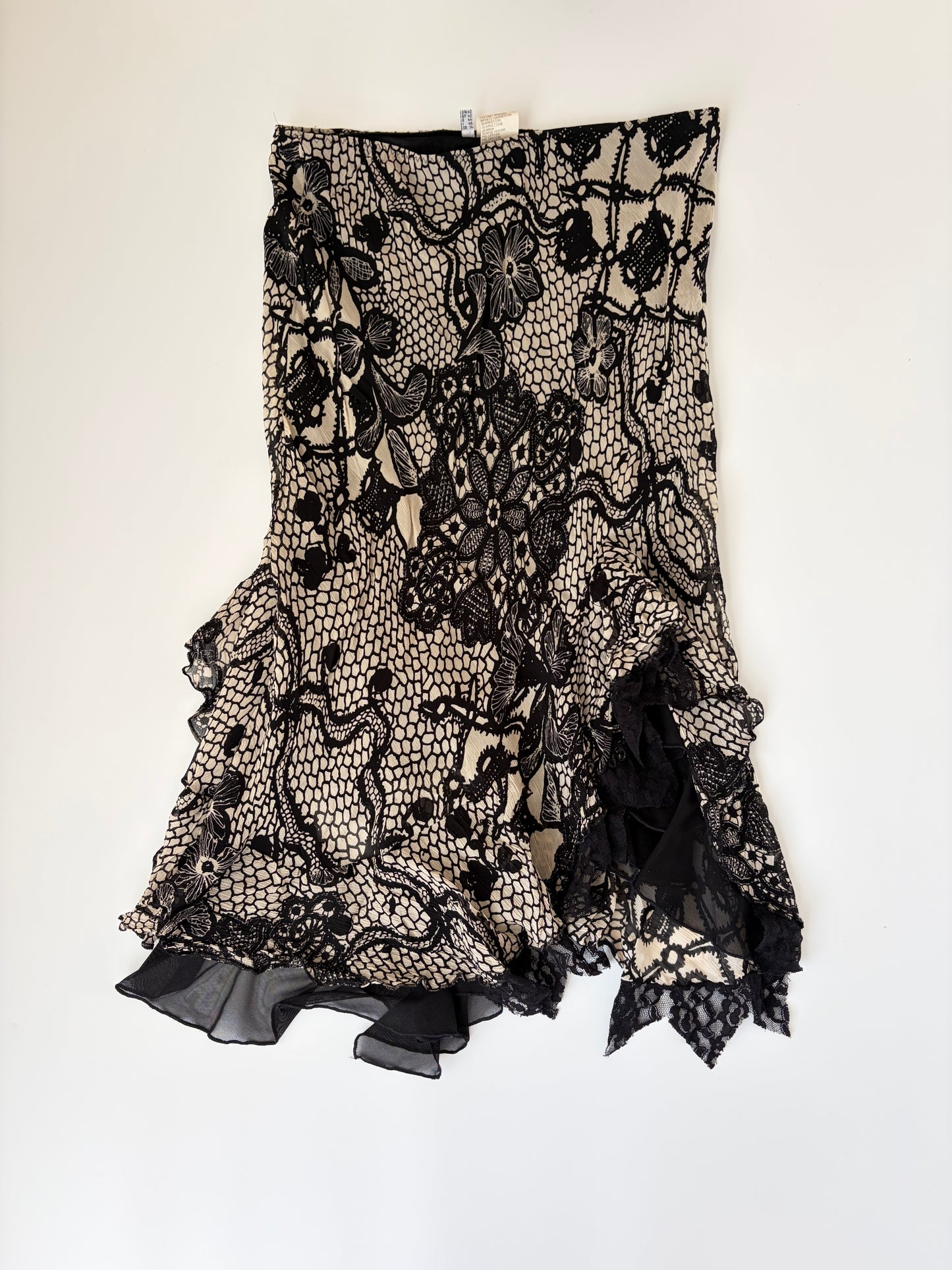 Euro Lace Print Skirt with Asymmetric Ruffles
