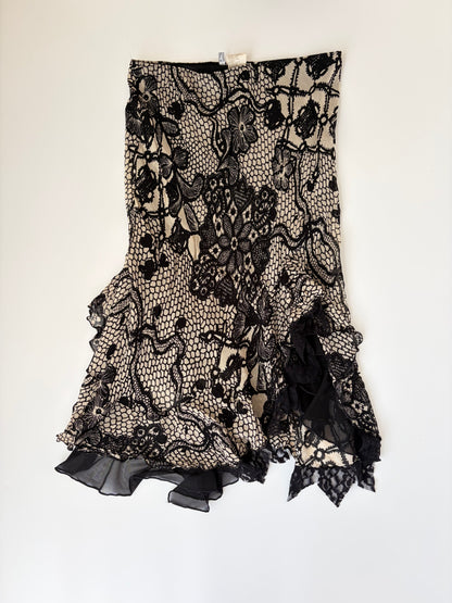 Euro Lace Print Skirt with Asymmetric Ruffles