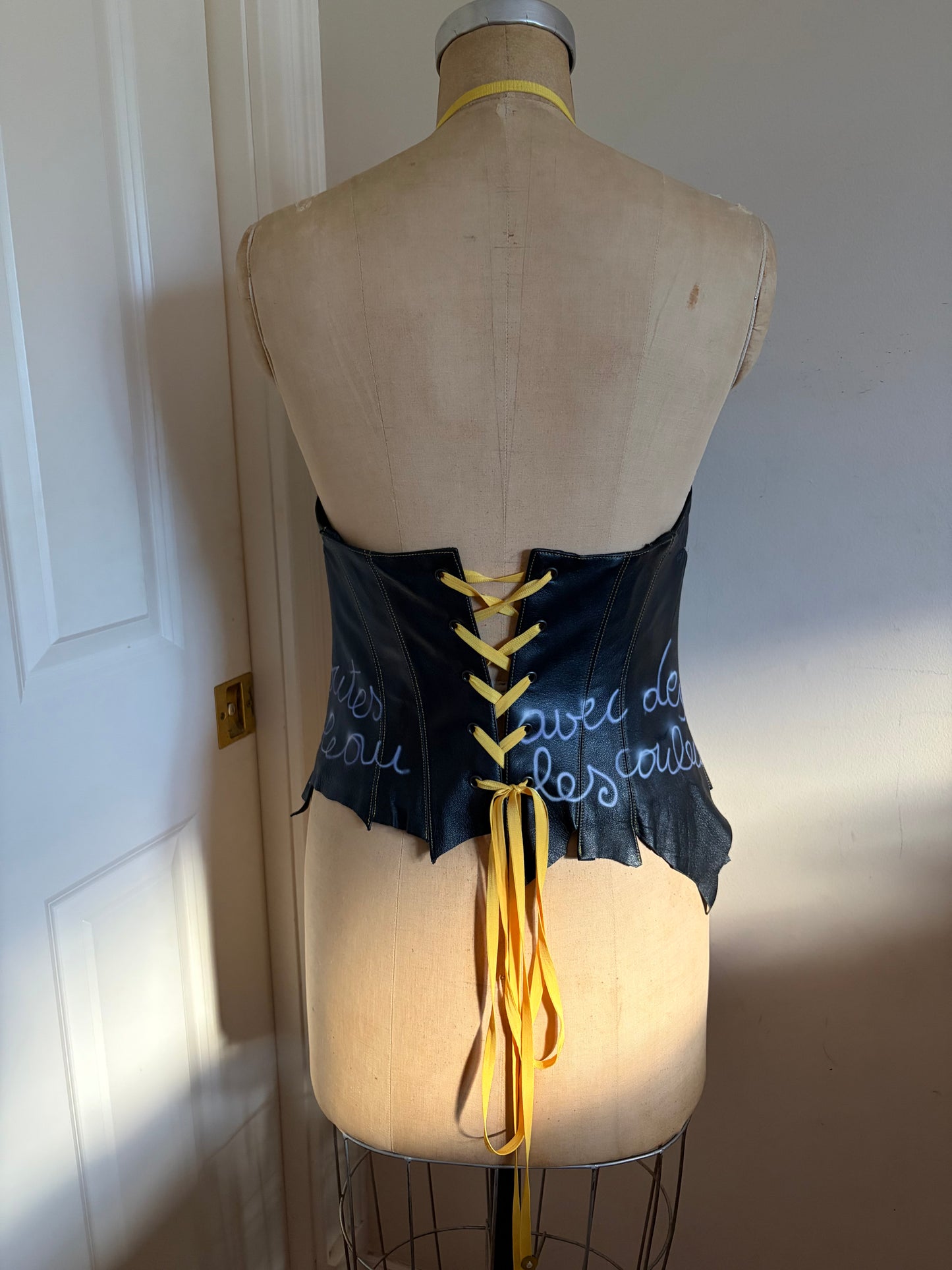 Euro Leather Corset with Graffiti and Flower Appliqué