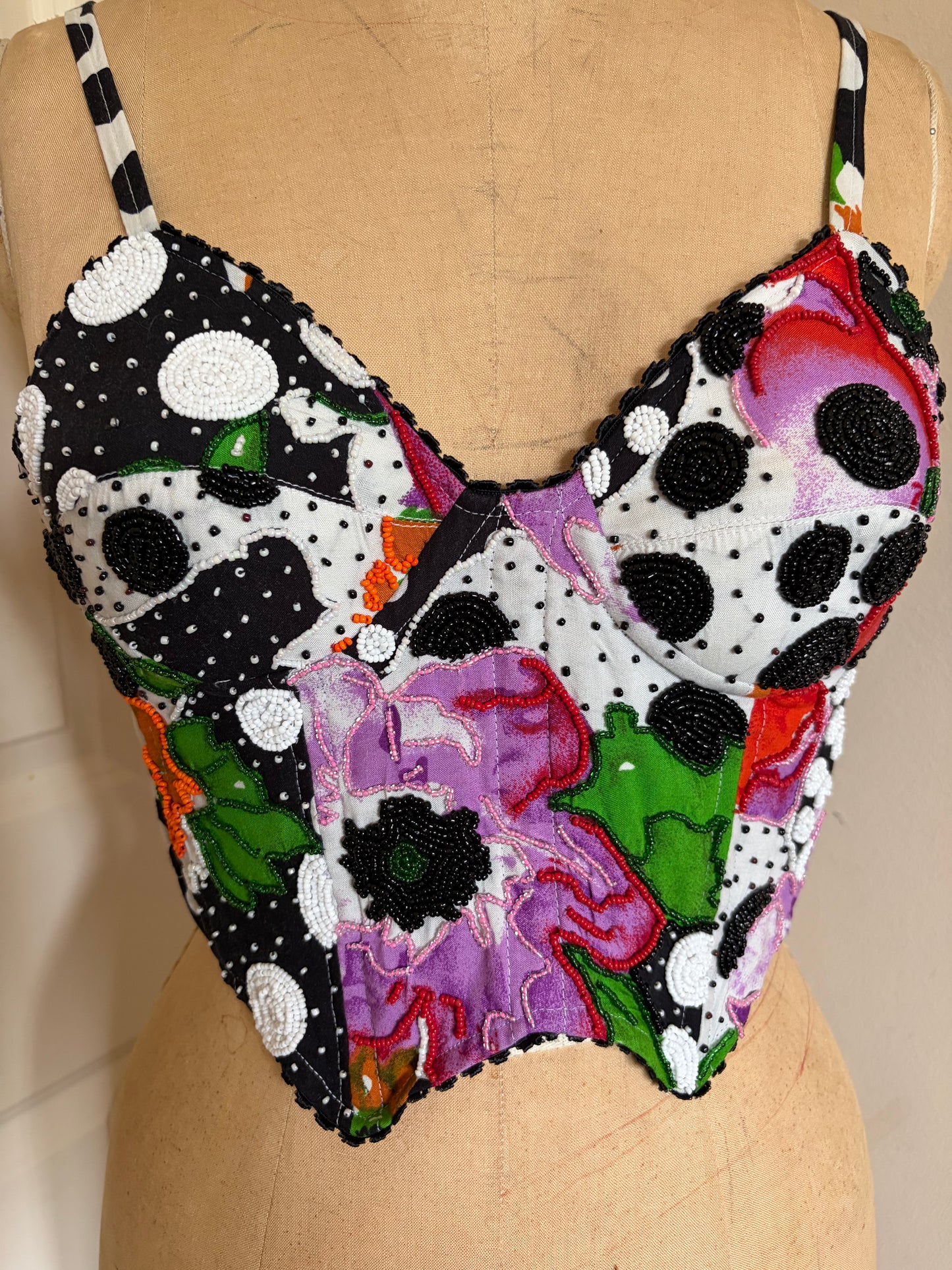 Beaded Patchwork Bustier with Polka Dots and Florals