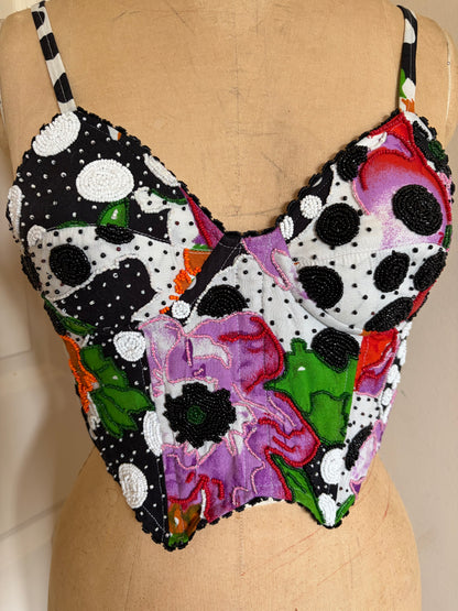 Beaded Patchwork Bustier with Polka Dots and Florals