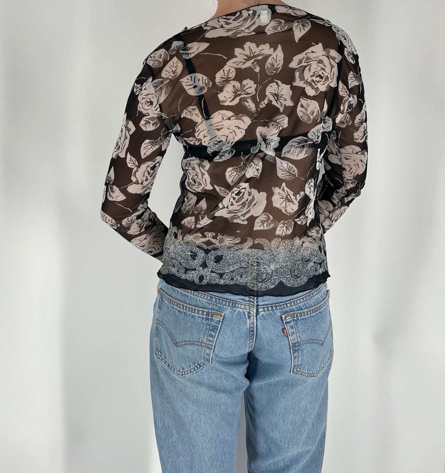 Made in France Mesh Long Sleeve Top With Renaissance and Floral Prints