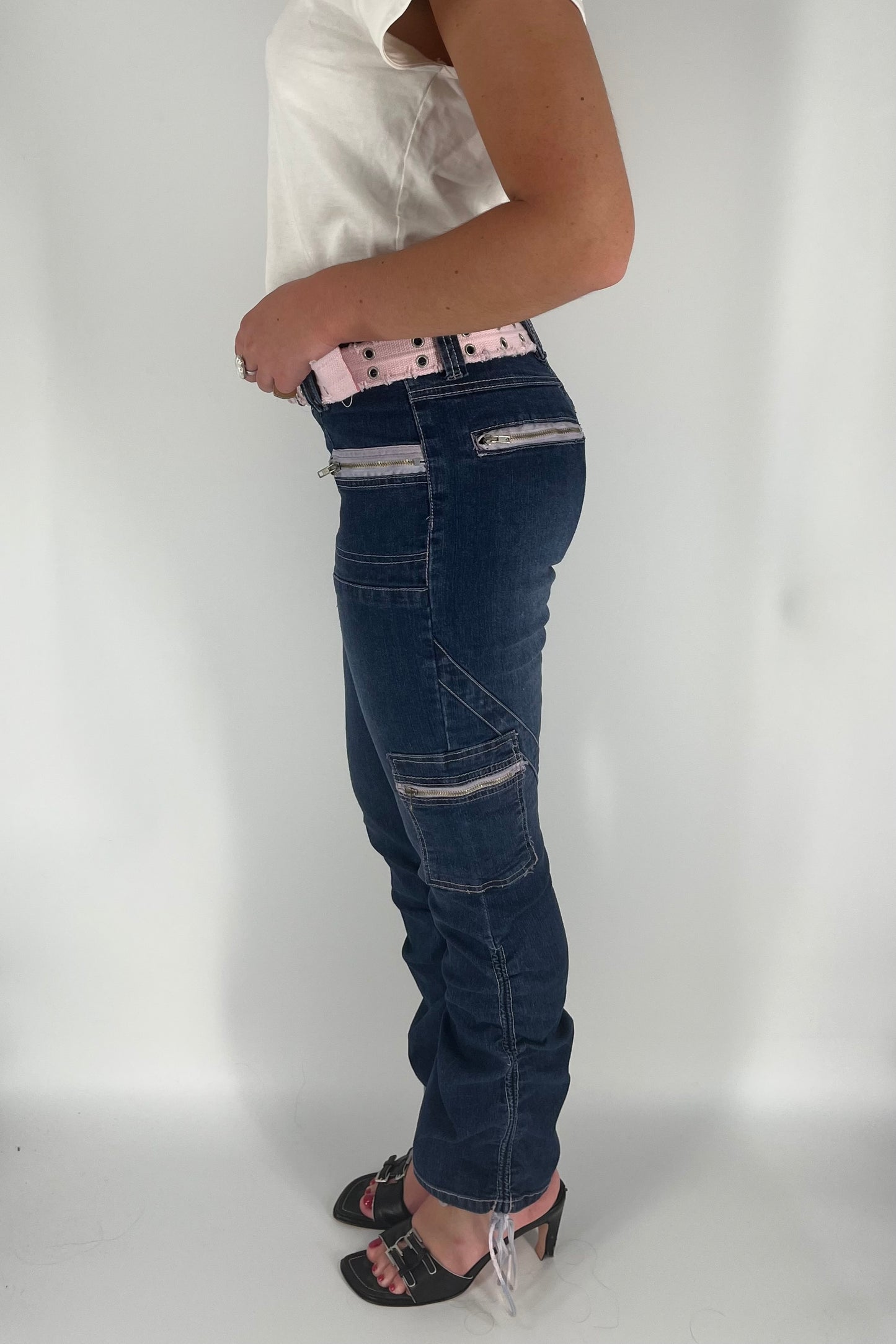 Y2K Jeans With Ruched Leg and Pink Accents