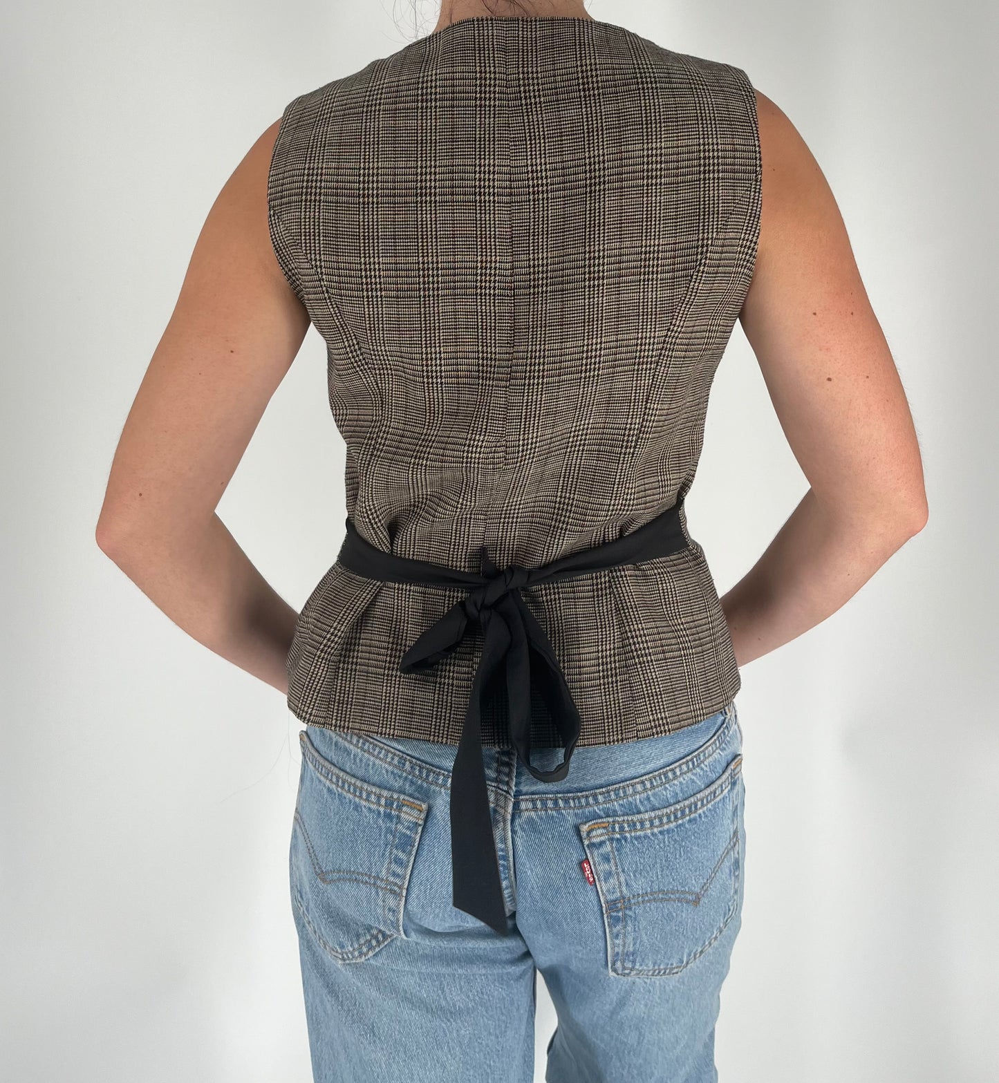 Plaid Vest With Collar, Gold Buttons and Waist Cinch Detail