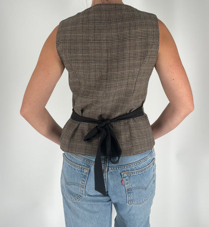 Plaid Vest With Collar, Gold Buttons and Waist Cinch Detail