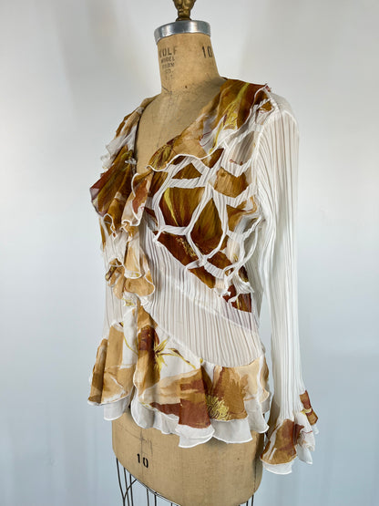 Sheer Ruffle Button Up With Floral Print and Unique Cutouts