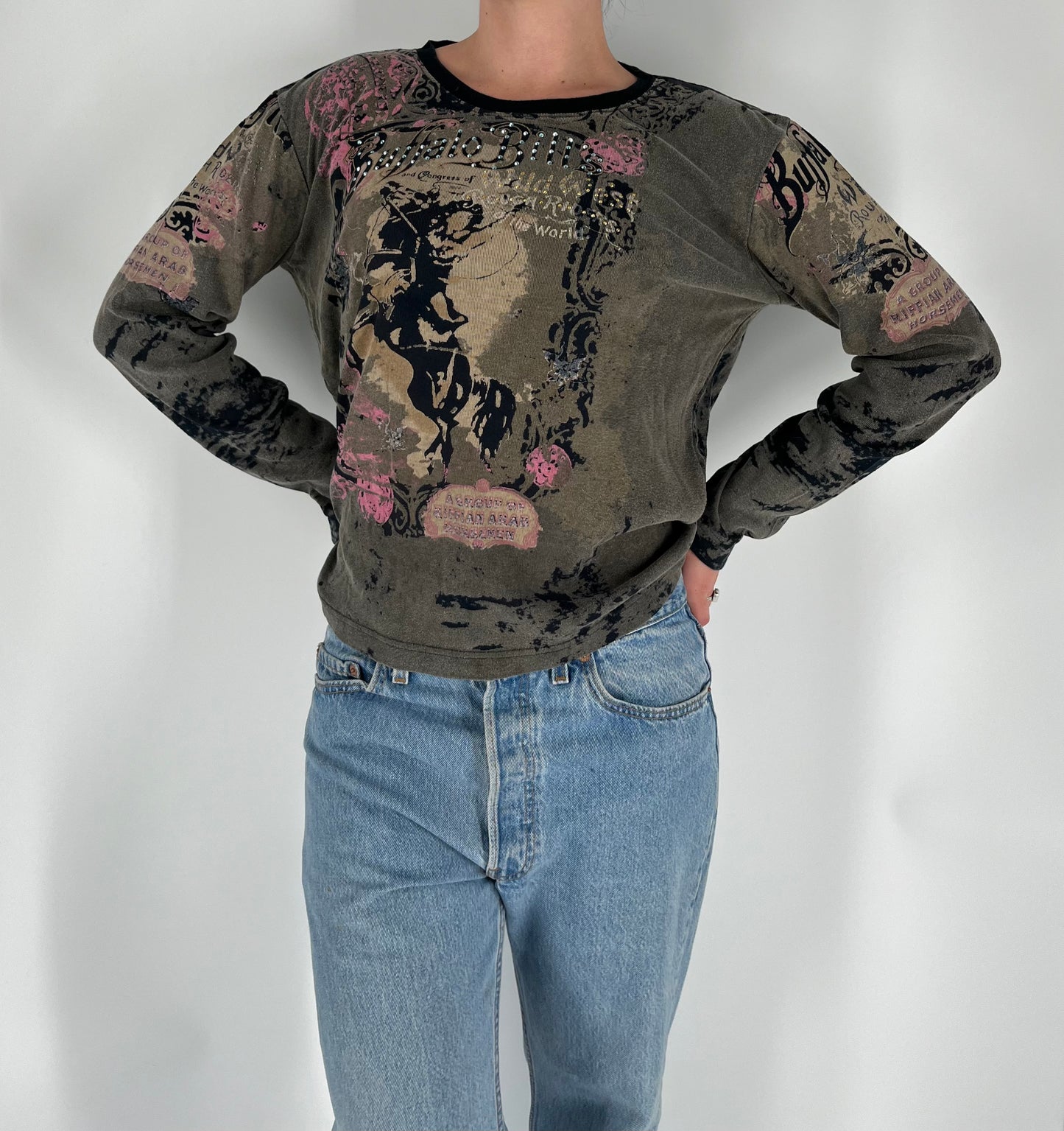 Wild West Vintage Long Sleeve With Distressed Look, Studs and Unique Graphic Print