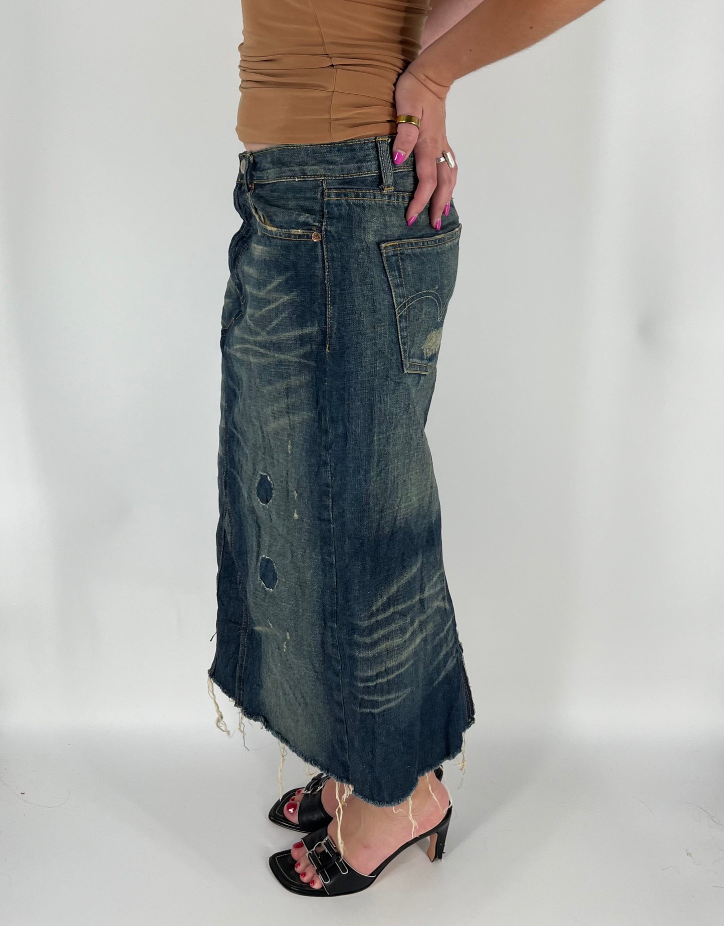 Distressed Denim Levi’s Skirt With Fading and Reworked Accents