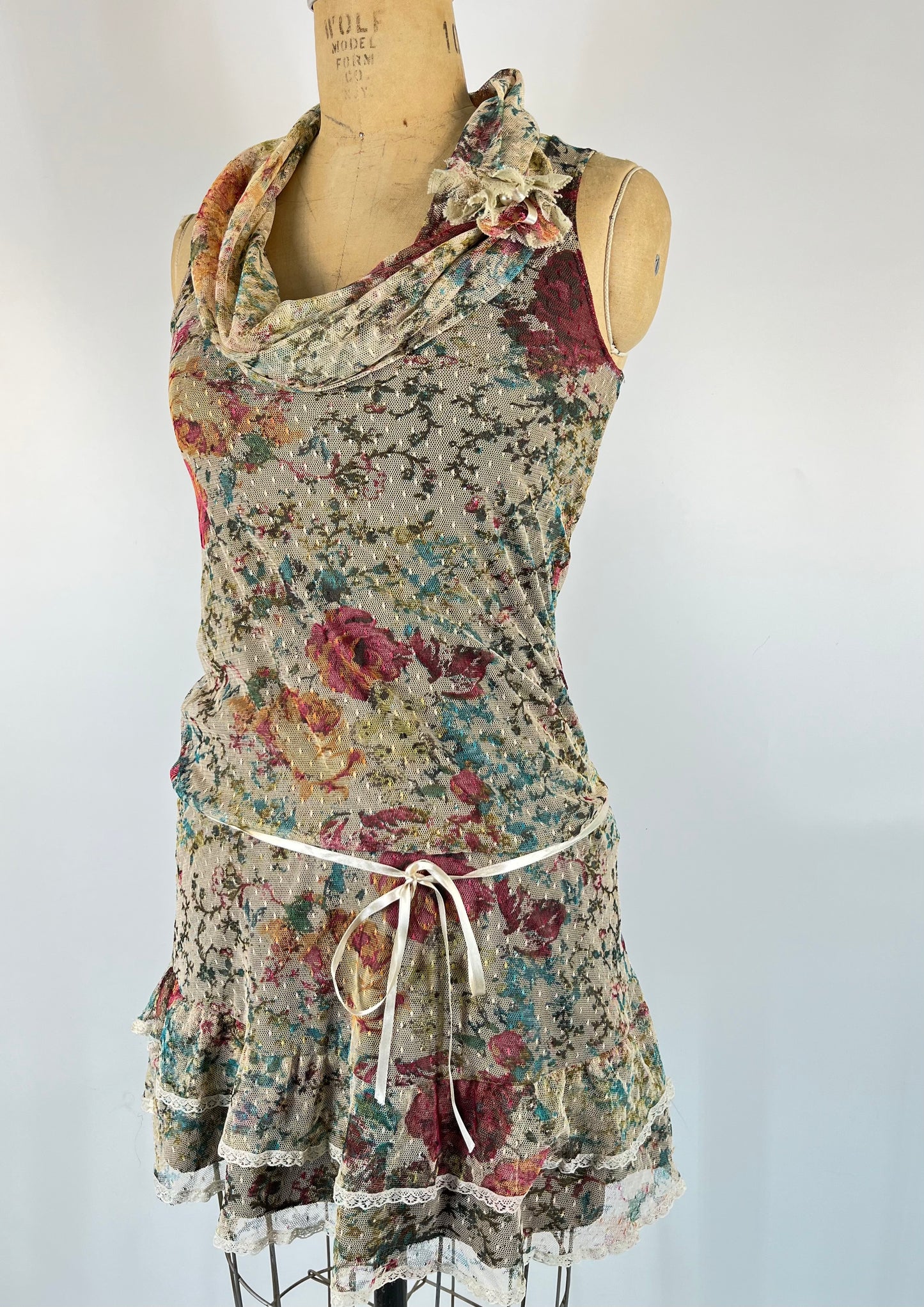 Made in Italy Lace Floral Mini Dress With Rosette and Drop Waist