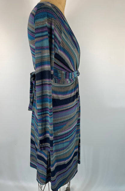 Abstract Striped Print Midi Dress With Long Sleeves and Wrap Waist