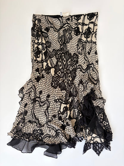 Euro Lace Print Skirt with Asymmetric Ruffles