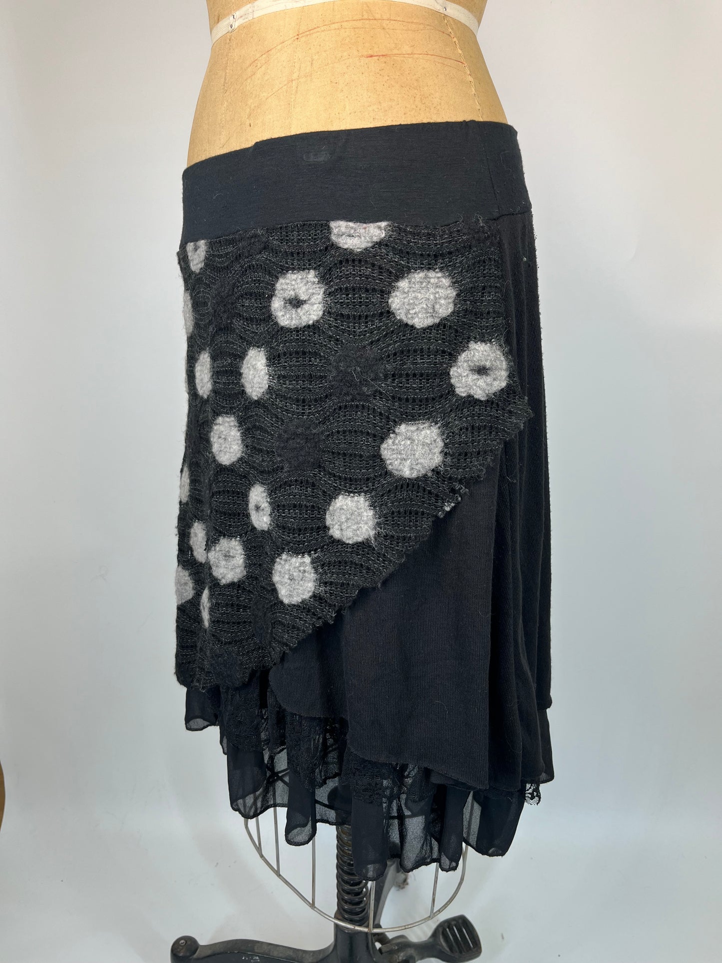 Knit Midi Skirt With Polka Dots And Lace Ruffle Underskirt