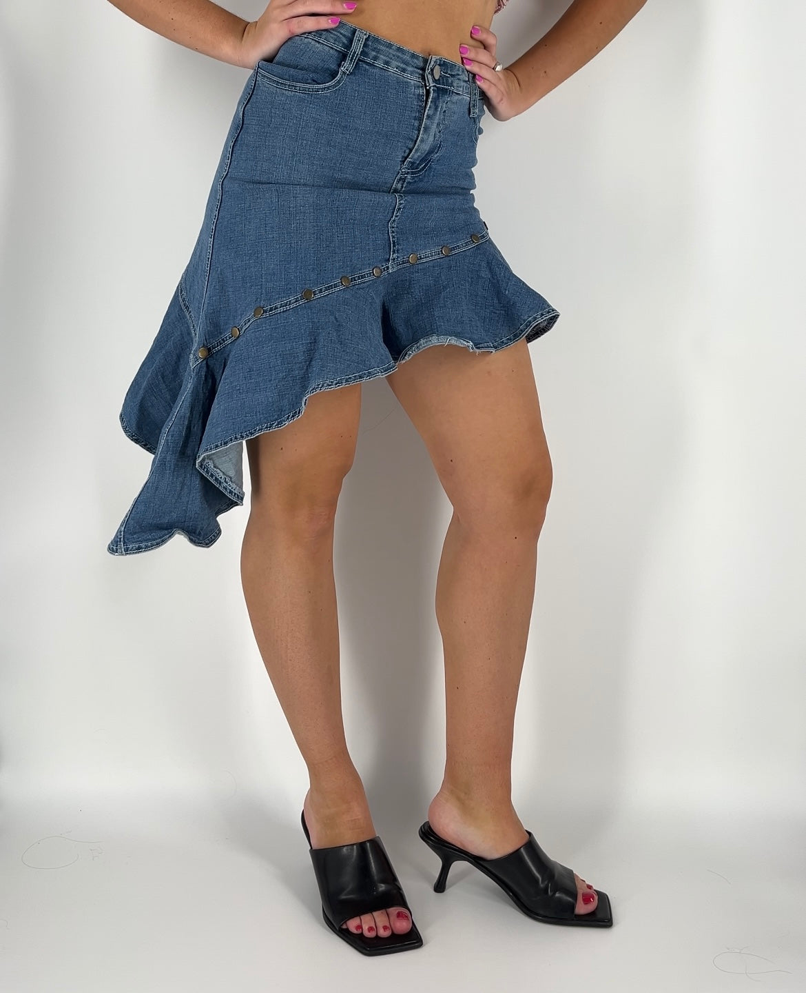 Y2K Ruffle Asymmetrical Denim Skirt With Studs