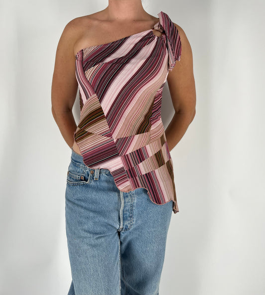 Abstract Striped Print Asymmetric One Shoulder Top