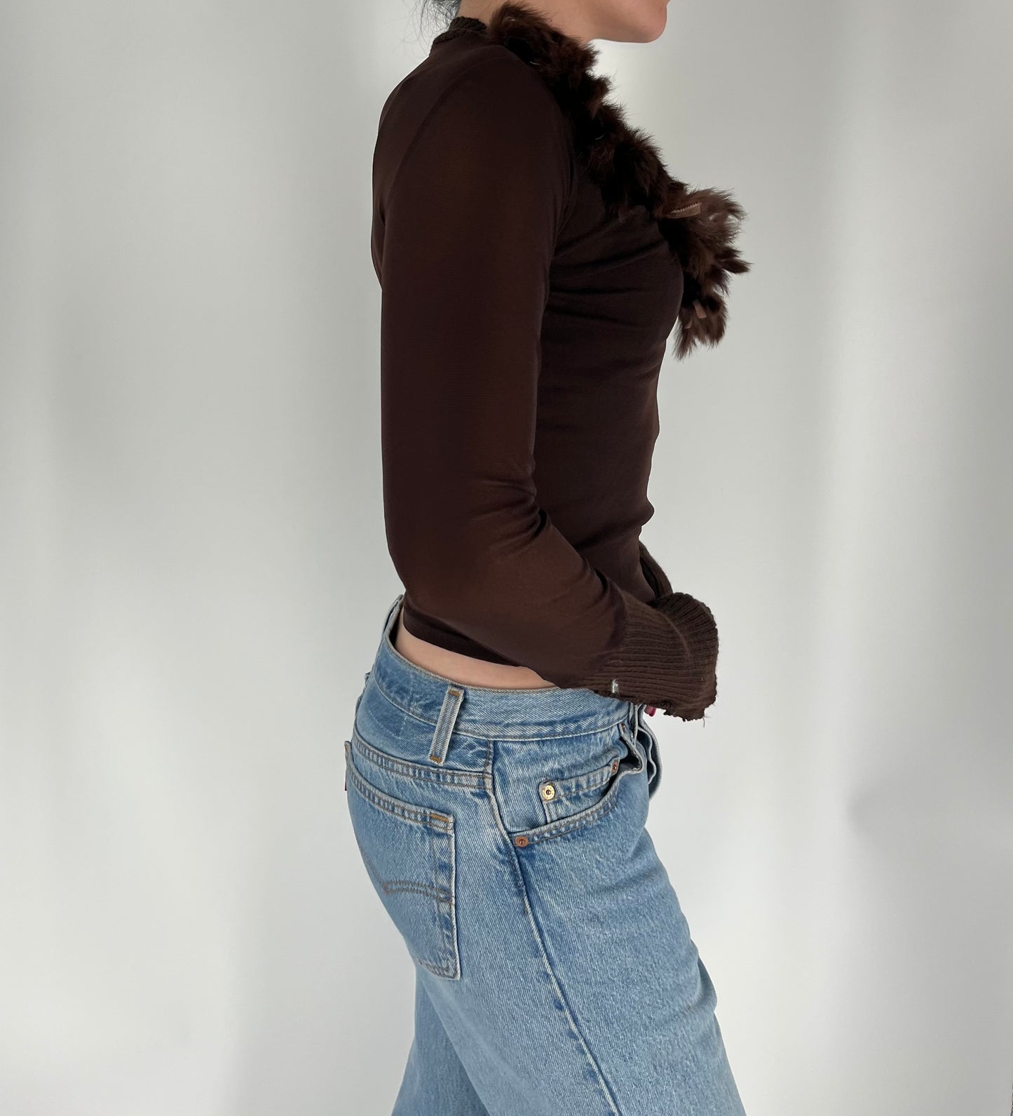 Made in France Long Sleeve Top With Feather Neckline and Sweater Material on Wrists