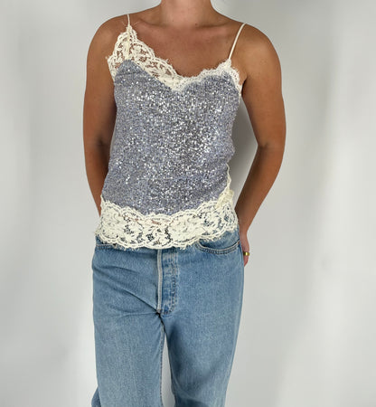 Made in Italy Sequin Lace Tank With Asymmetrical Lace Trim
