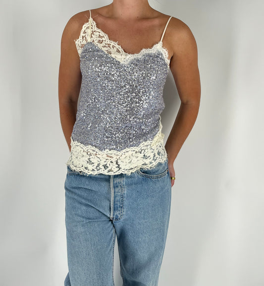 Made in Italy Sequin Lace Tank With Asymmetrical Lace Trim