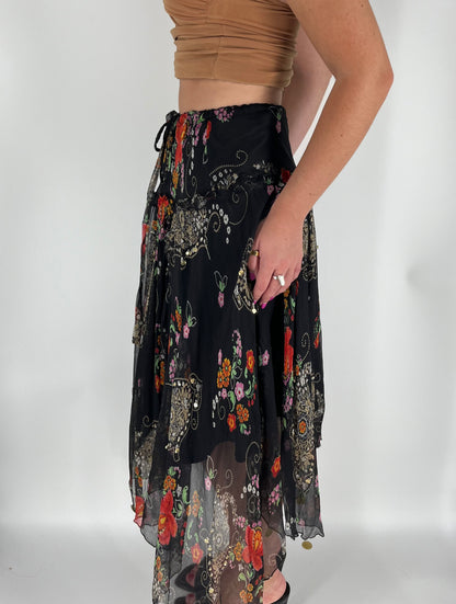 Sheer Flowy Floral Skirt With Handkerchief Hem & Coin Accents