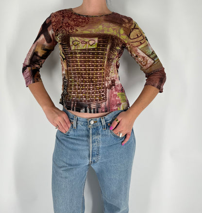 Made in France Mesh 3/4 Sleeve Graphic Top