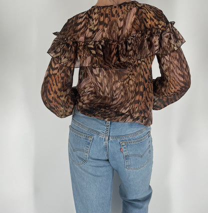 Abstract Print Ruffle Top With Pirate Sleeves