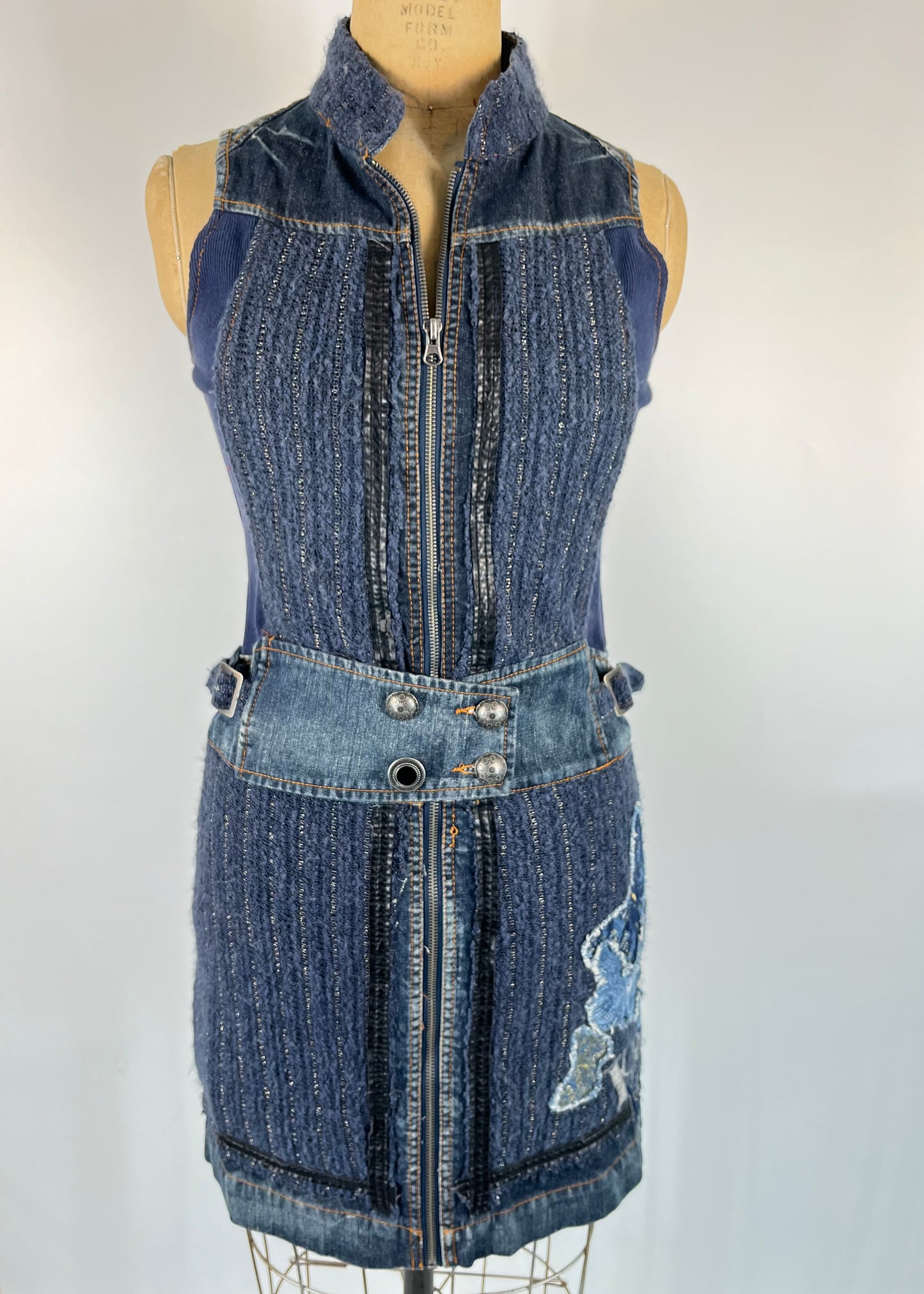 Denim Tweed Mini Dress With Irregular Buttons