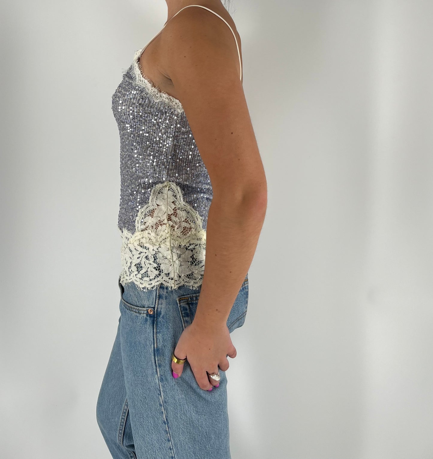 Made in Italy Sequin Lace Tank With Asymmetrical Lace Trim