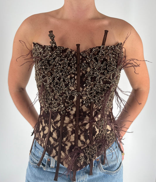One-of-a-Kind Corset With Lace, Feathers, Exposed Boning and Beaded Appliqués