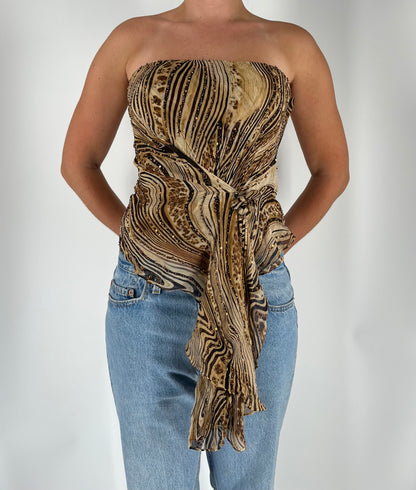 100% Silk Cache Sequin Asymmetrical Strapless Top With Removable Rosette