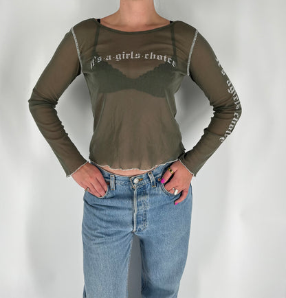 Mesh “It’s A Girl’s Choice” Long Sleeve Top With White Stitching