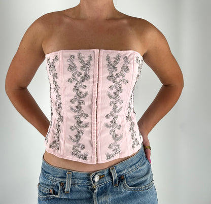 Pink Strapless Corset With Beaded Embroidery
