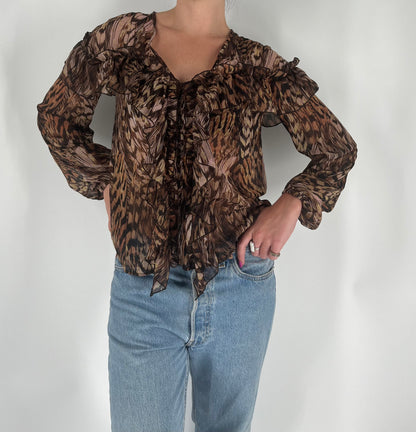 Abstract Print Ruffle Top With Pirate Sleeves