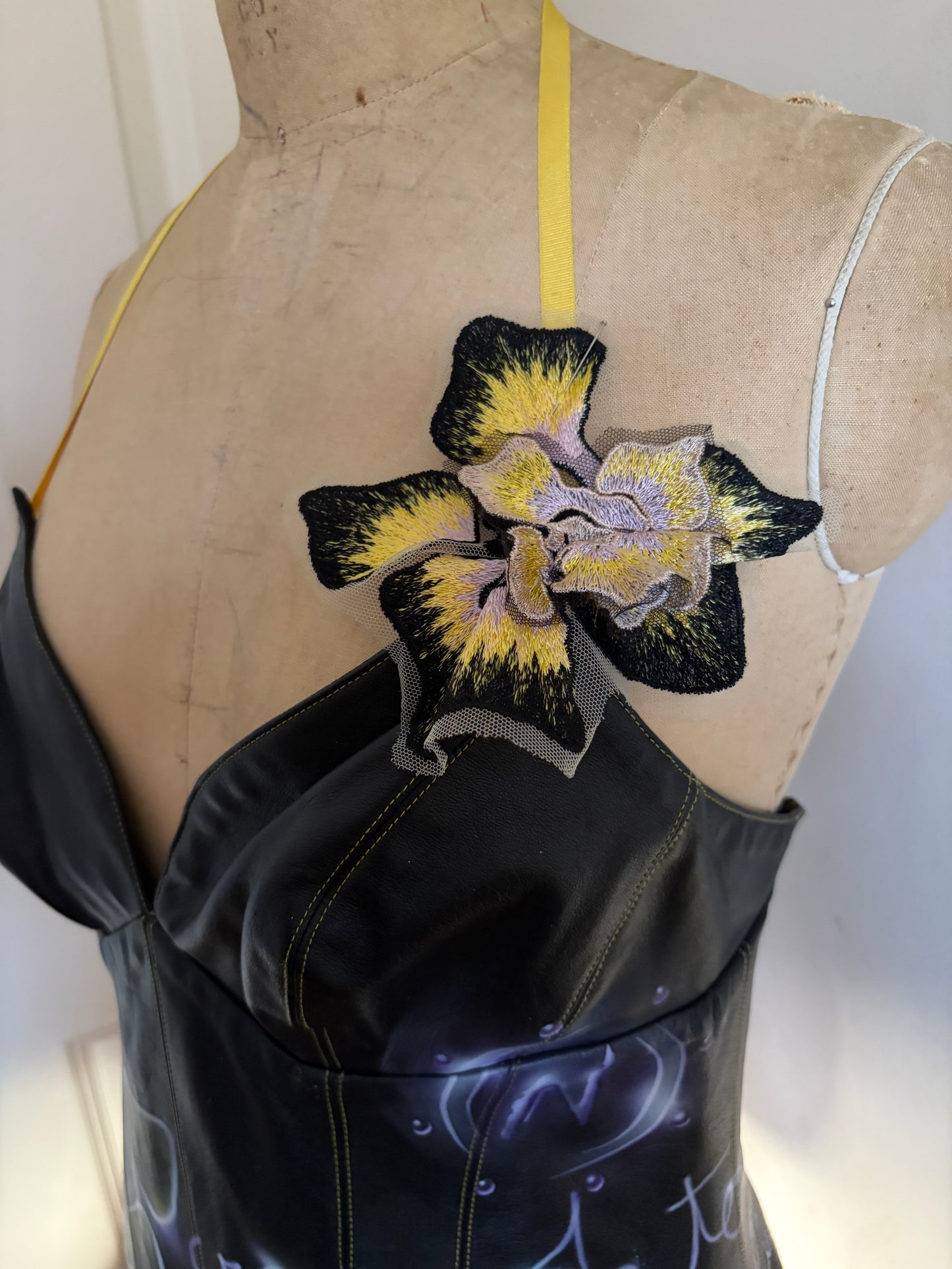Euro Leather Corset with Graffiti and Flower Appliqué