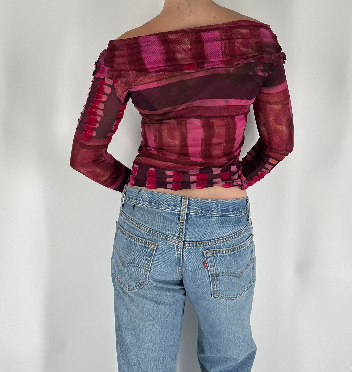 Made in France Off Shoulder Mesh Graphic Long Sleeve With Velvet Accents