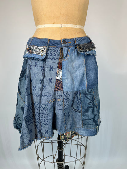 Abstract Print Denim Skirt With Plaid Accents