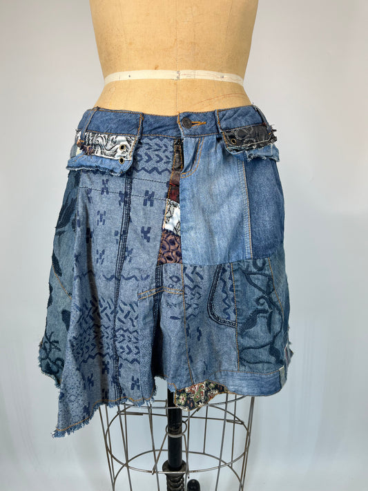 Abstract Print Denim Skirt With Plaid Accents