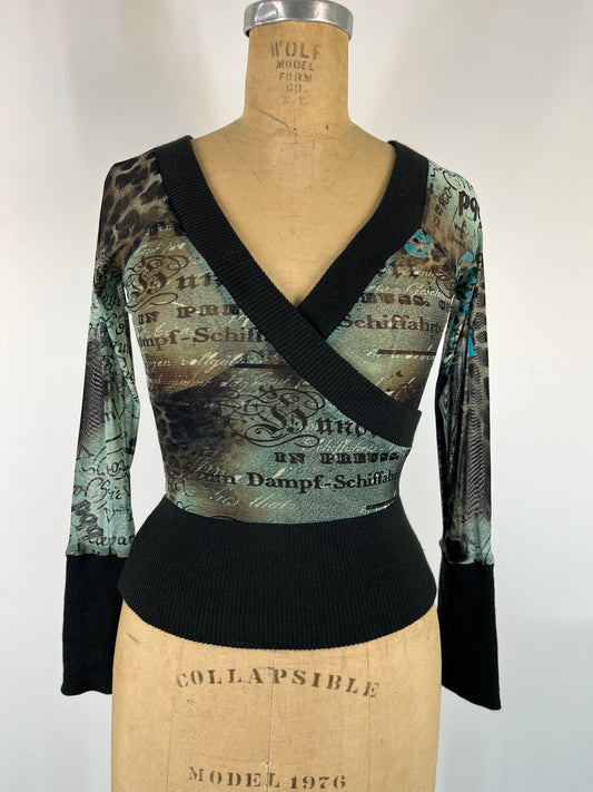 Euro-Style Mesh Printed Top With Knit Accents