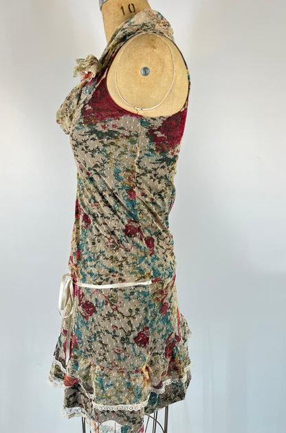 Made in Italy Lace Floral Mini Dress With Rosette and Drop Waist