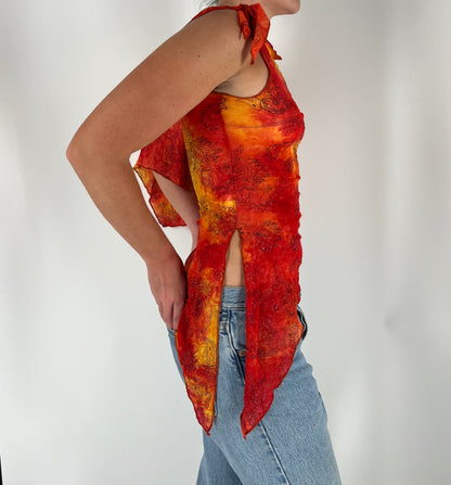 Tie Dye Mesh Asymmetrical Top With Glitter and Paisley Print