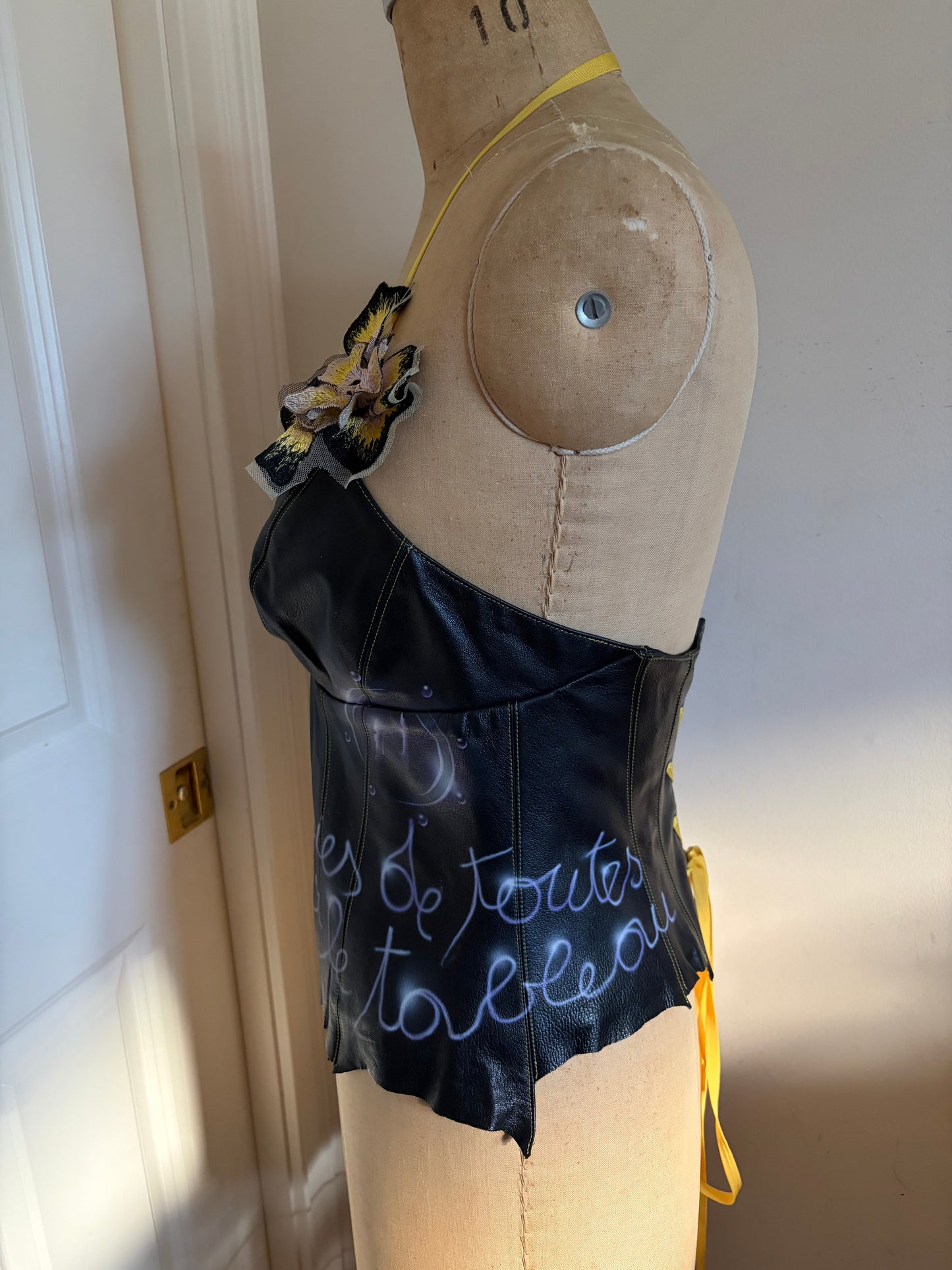 Euro Leather Corset with Graffiti and Flower Appliqué