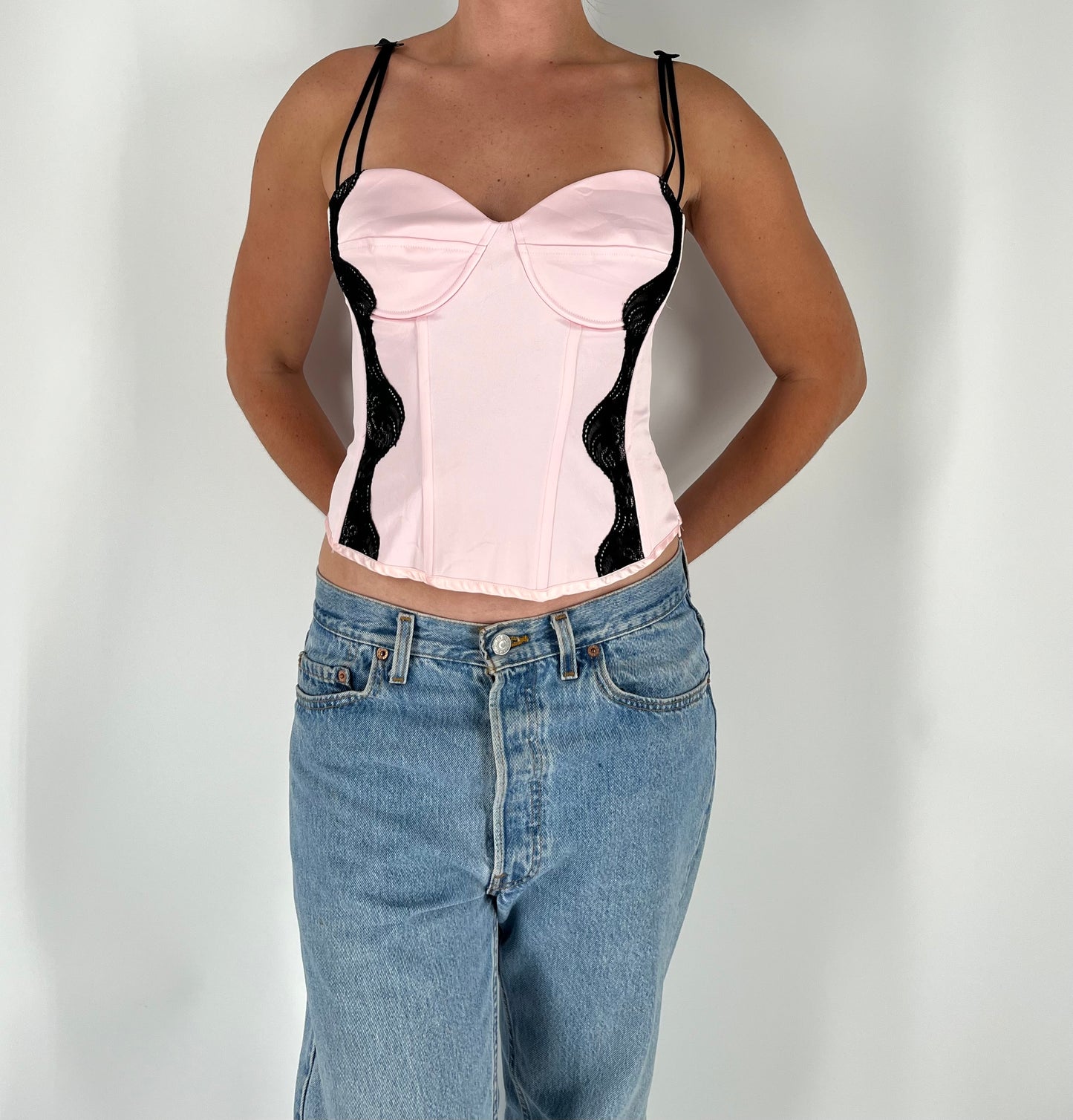 French Style Bustier Corset With Black Lace and Unique Straps