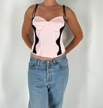 French Style Bustier Corset With Black Lace and Unique Straps