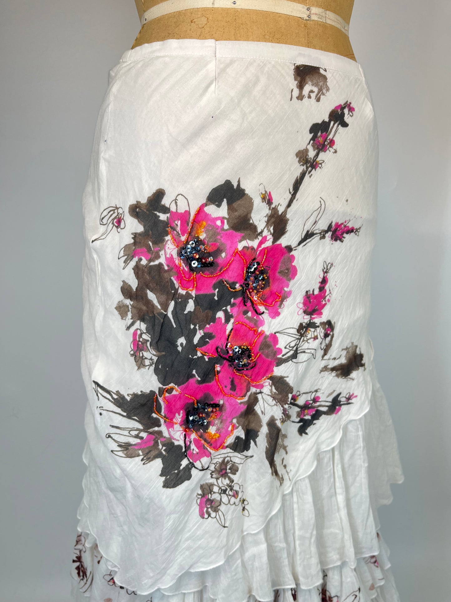 Floral Embroidered Ruffle Cotton Maxi Skirt