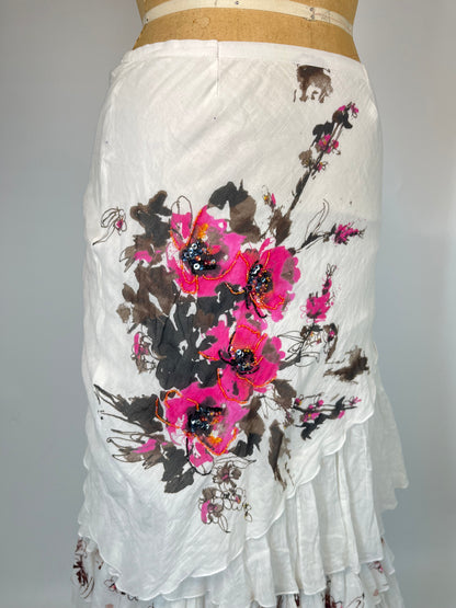 Floral Embroidered Ruffle Cotton Maxi Skirt