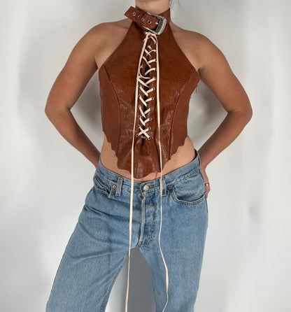 Unique Halter Crop Top With Belt Neck and Lace Up Detail