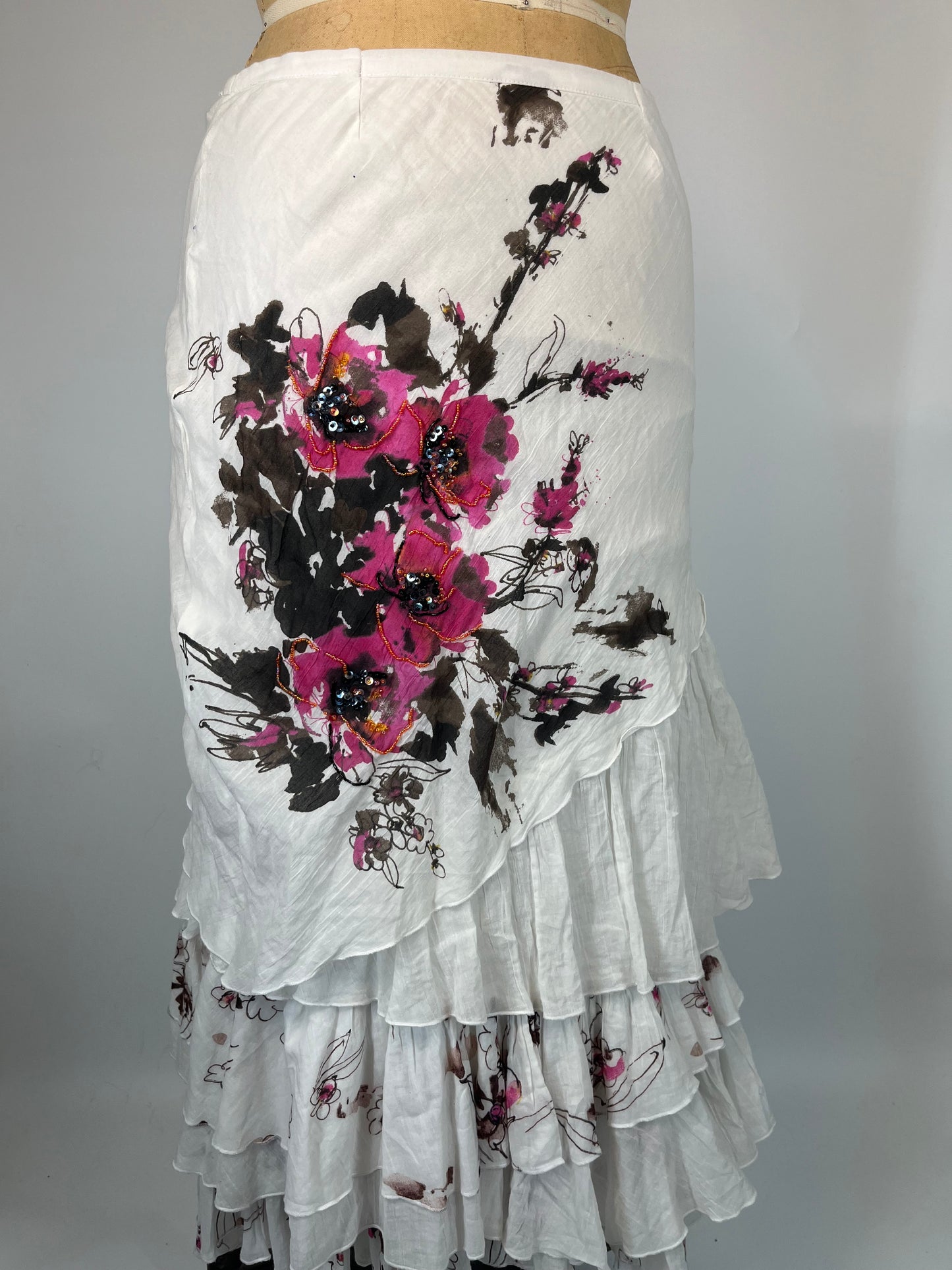 Floral Embroidered Ruffle Cotton Maxi Skirt