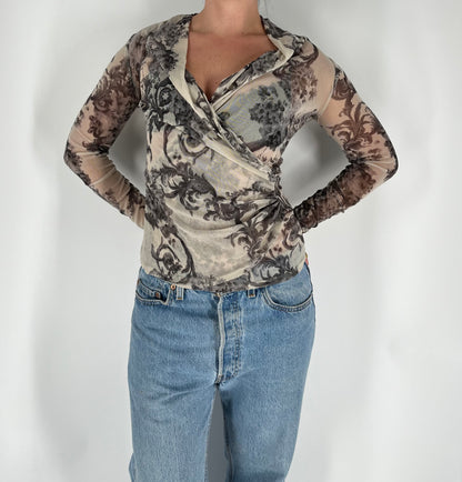 Graphic Print Mesh Long Sleeve Top With Wrap Front