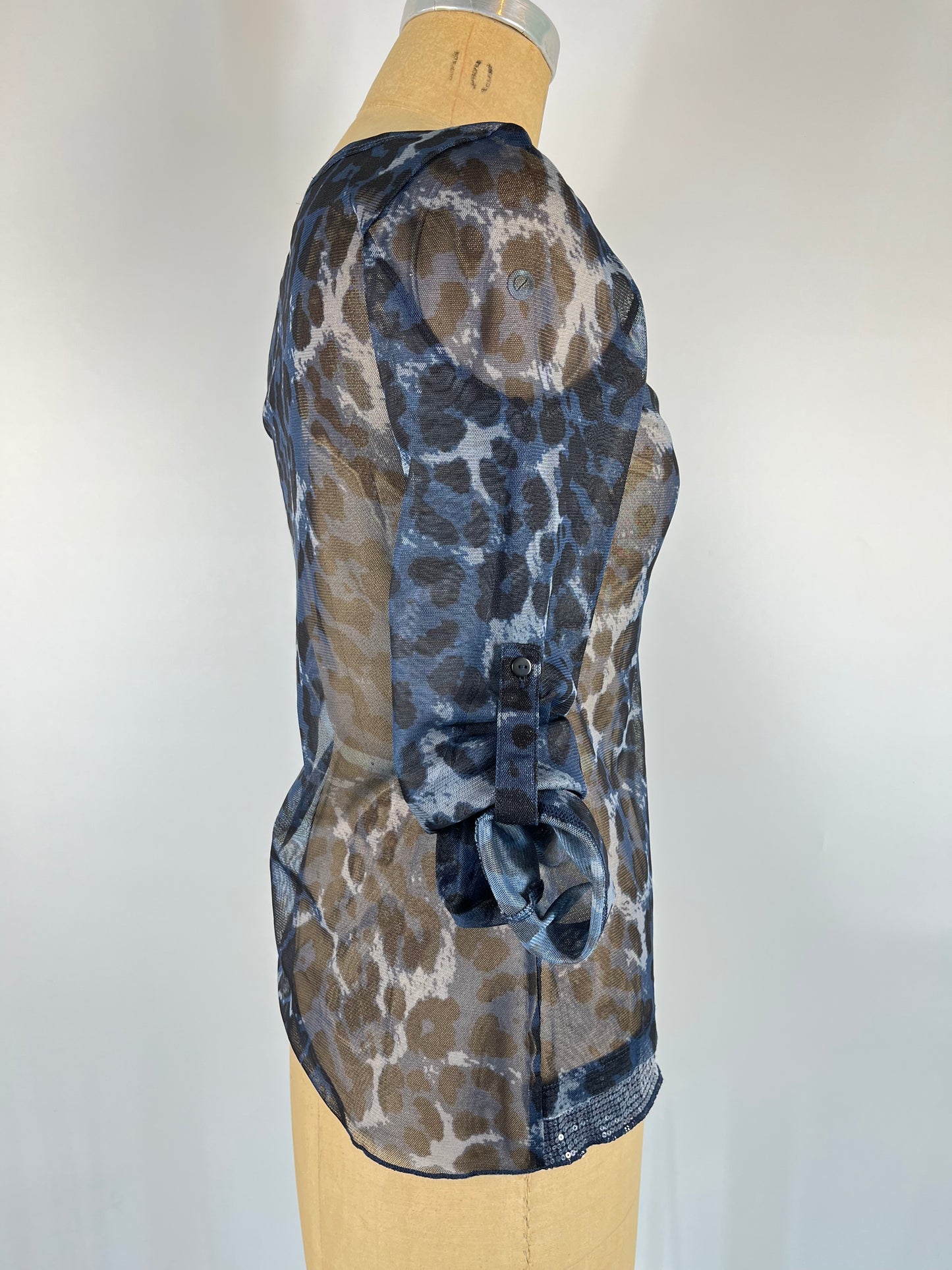 Mesh Cheetah Top With Sequin Accents and Adjustable 3/4 Sleeves