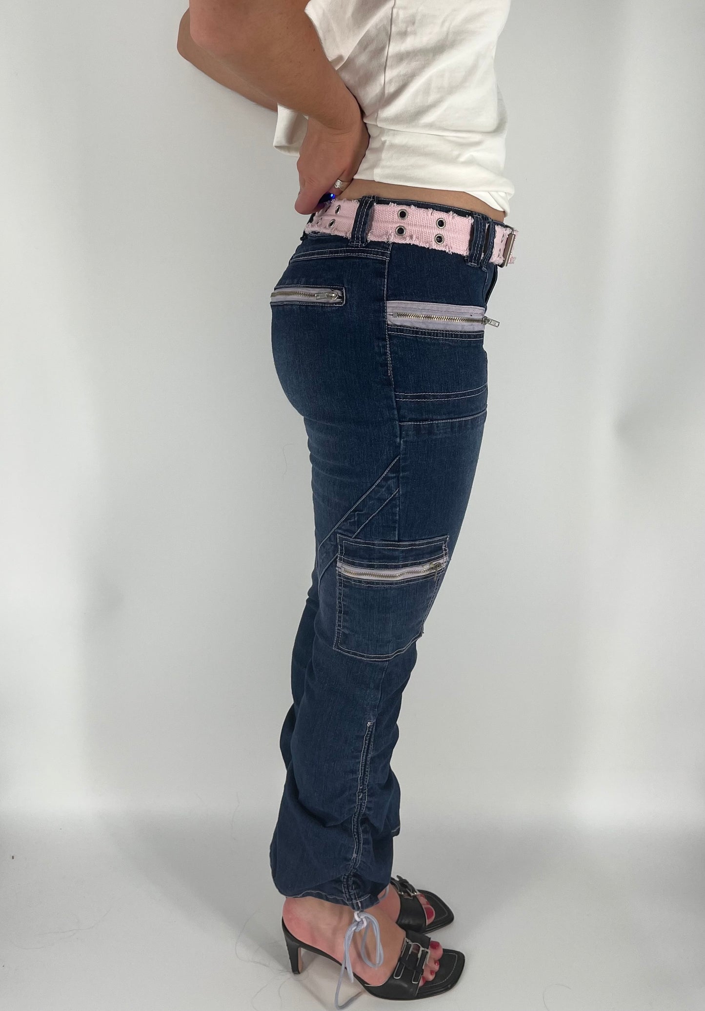 Y2K Jeans With Ruched Leg and Pink Accents