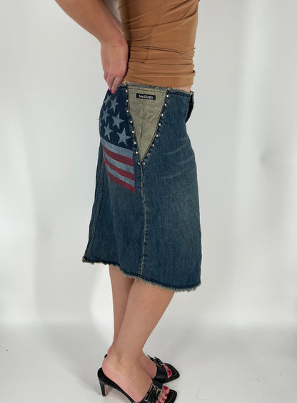 Stars and Stripes Midi Skirt With Two-Toned Faded Denim and Stud Accents