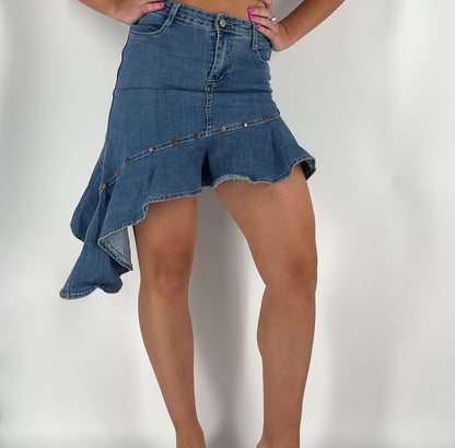 Y2K Ruffle Asymmetrical Denim Skirt With Studs